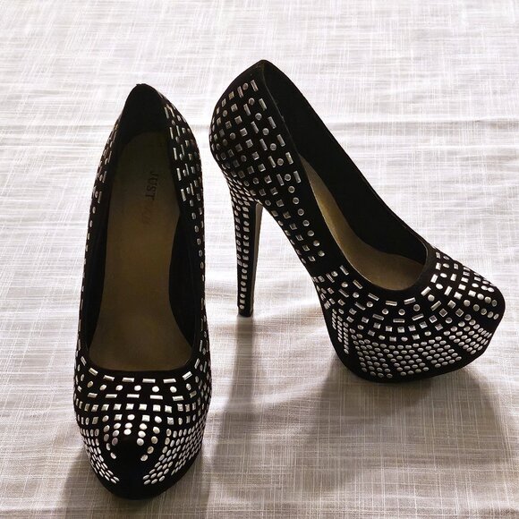 JUST FAB Delphyne Platform Studded Black Stiletto 6" Heels - Size 6 - Picture 1 of 6